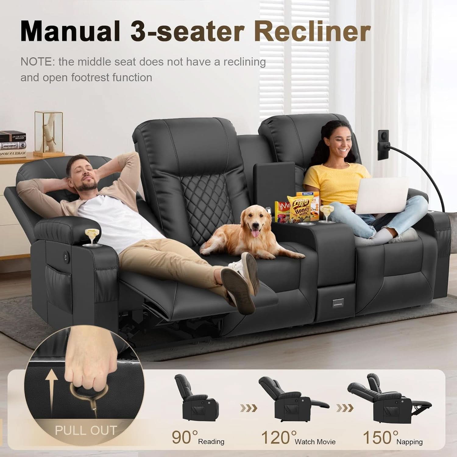 Three Seat Recliner Sofa With USB Ports And Storage