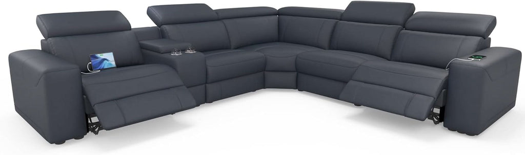 Grey Leather Power Recliner Sofa With Center Console