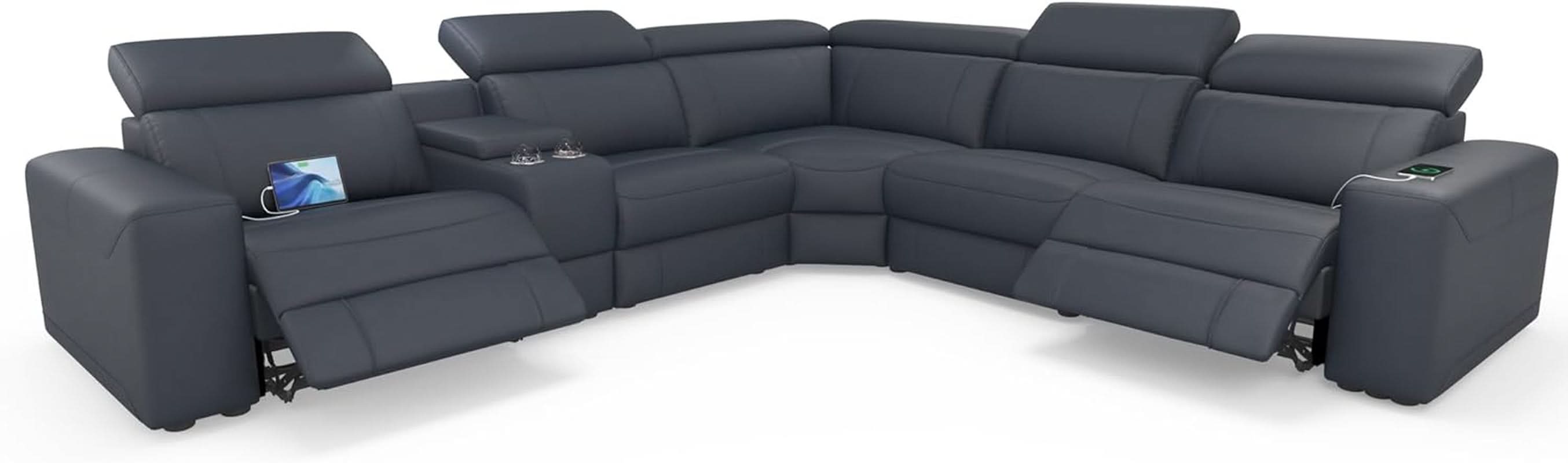 Grey Leather Power Recliner Sofa With Center Console