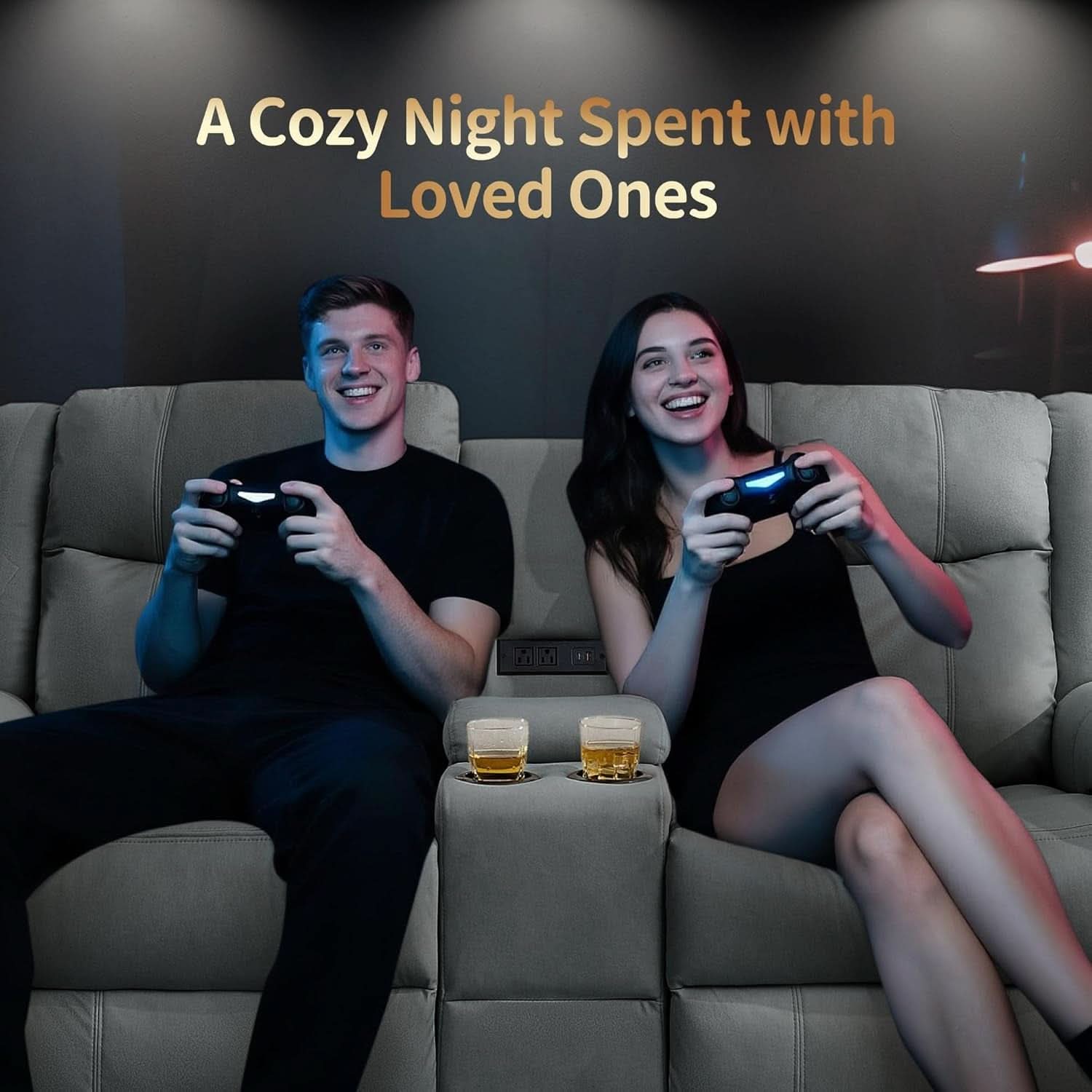 Two Seater Recliner Sofa With USB Charging Port And Cup Holders