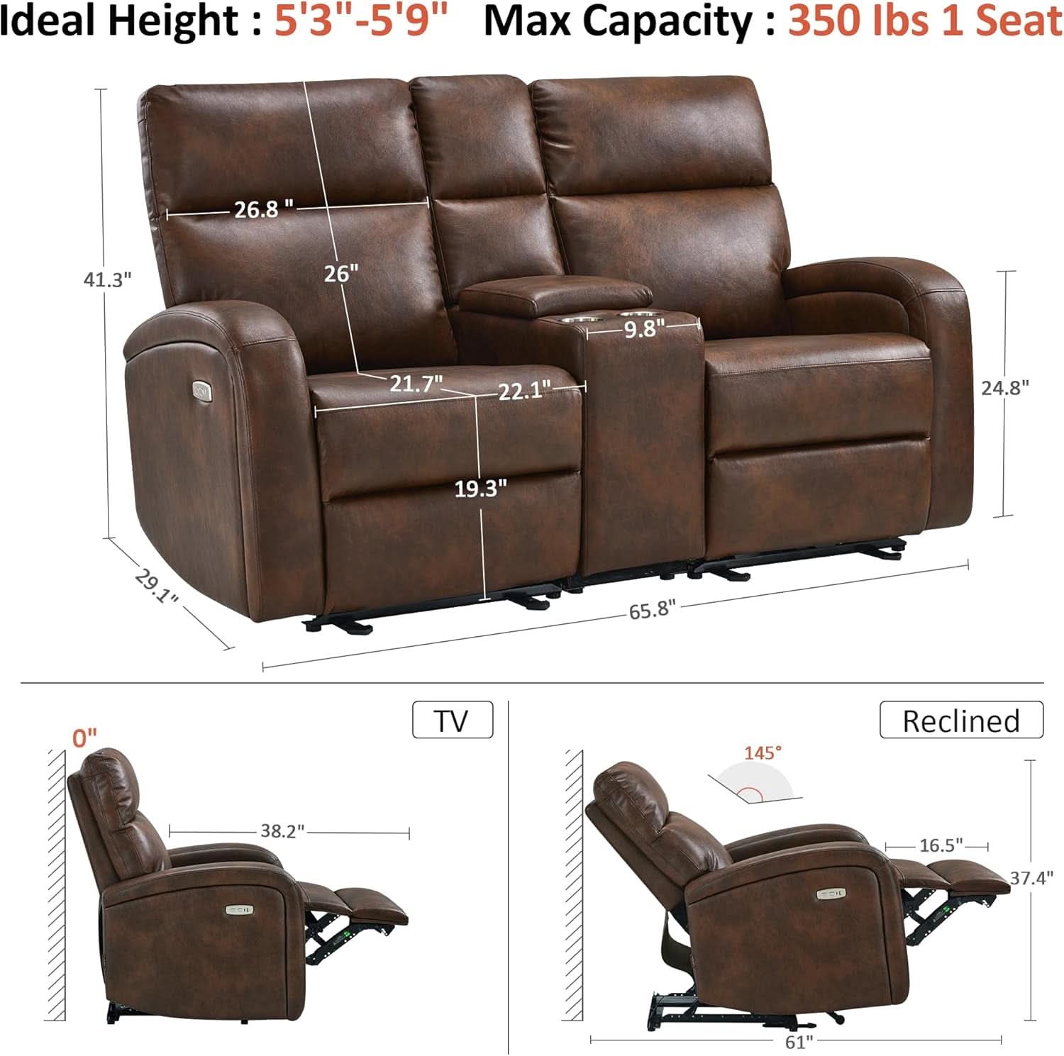 65.7 Inch Dark Brown Zero Wall Power Recliner Loveseat