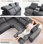 Grey Leather Power Recliner Sofa With Center Console