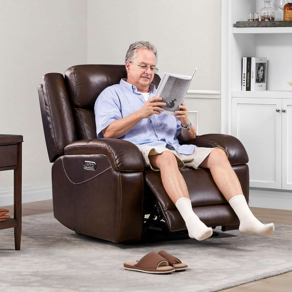 Dark Brown Leather Power Recliner Chair With Power Headrest