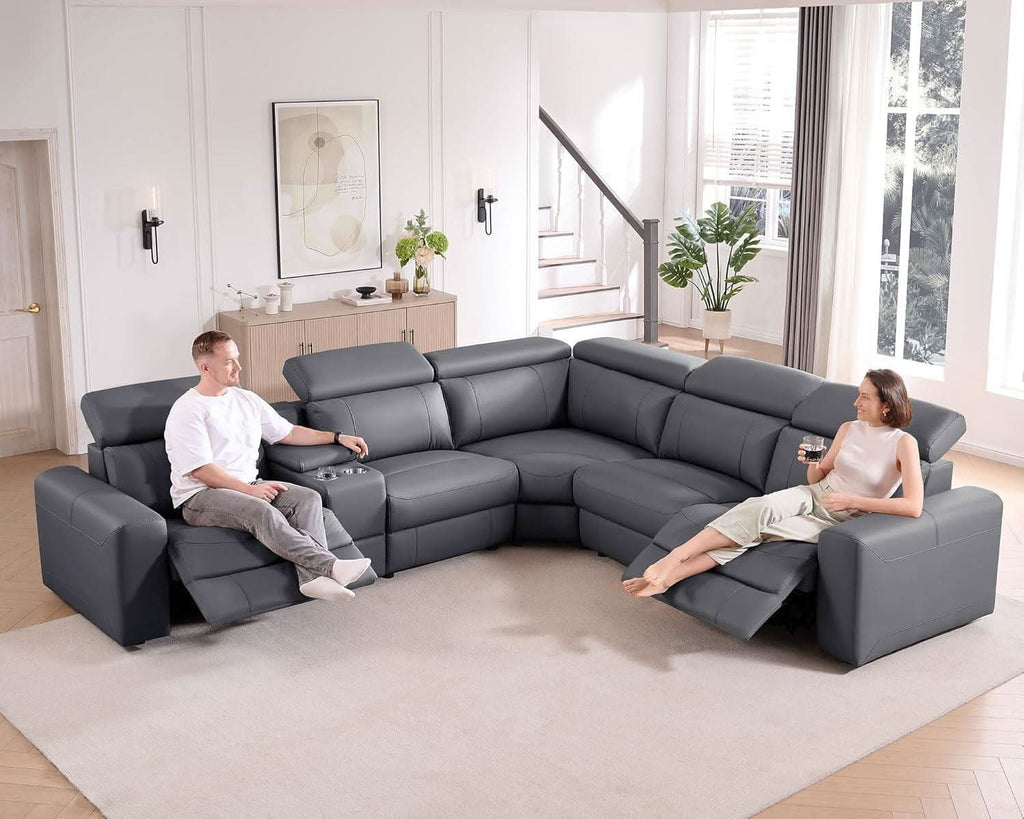 Grey Leather Power Recliner Sofa With Center Console