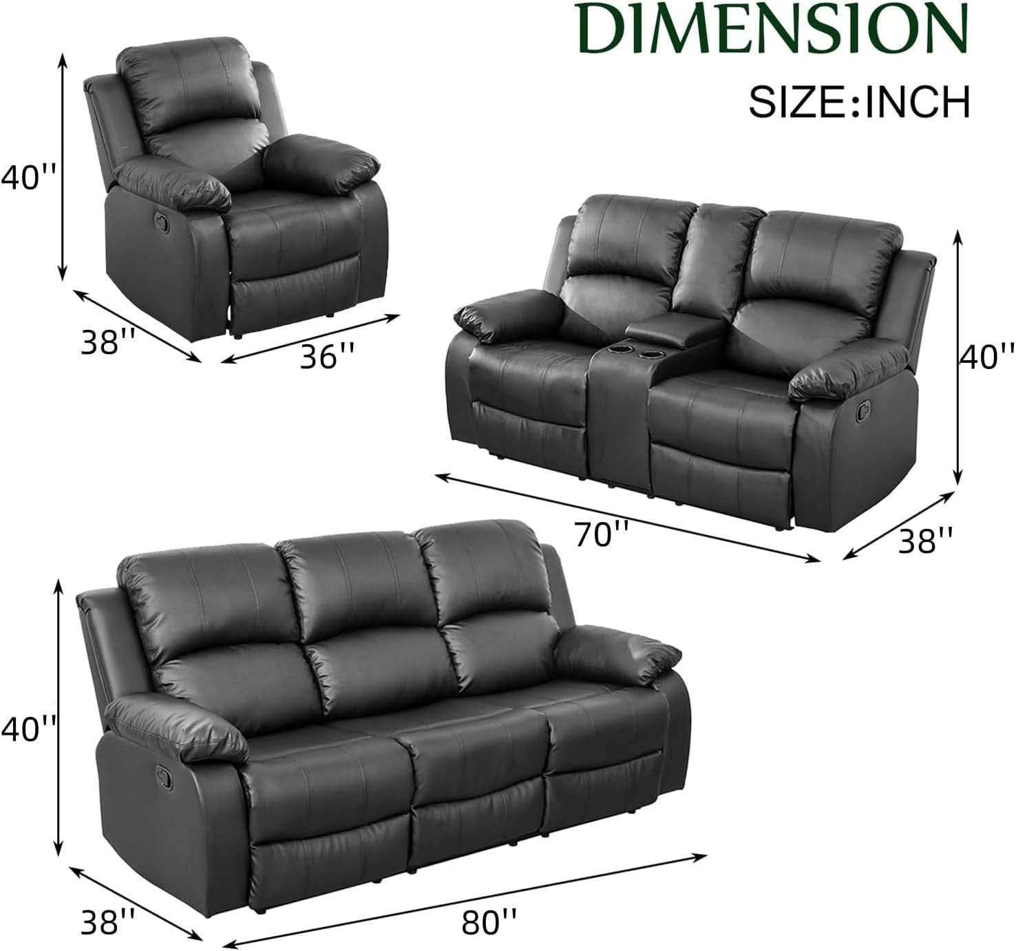 Caberryne Black Leather Reclining Sofa Set