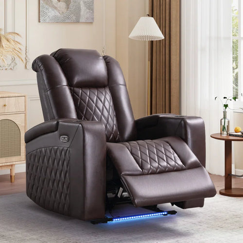 34.6"Wide Faux Leather Power Reclining Home Theater Seating Chair with Arm Storage&Dual Cup Holders&Usb Charging Port&Ambient Lighting