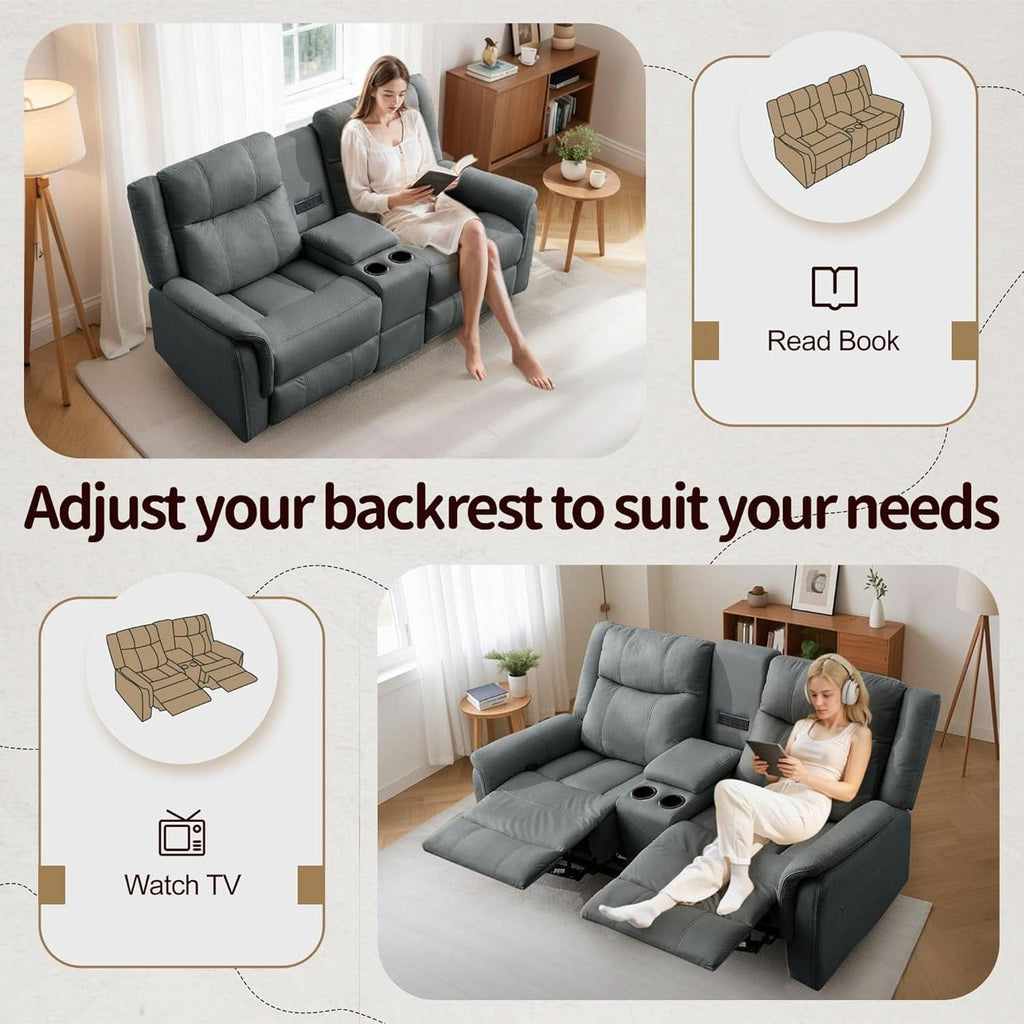 Two Seater Recliner Sofa With USB Charging Port And Cup Holders