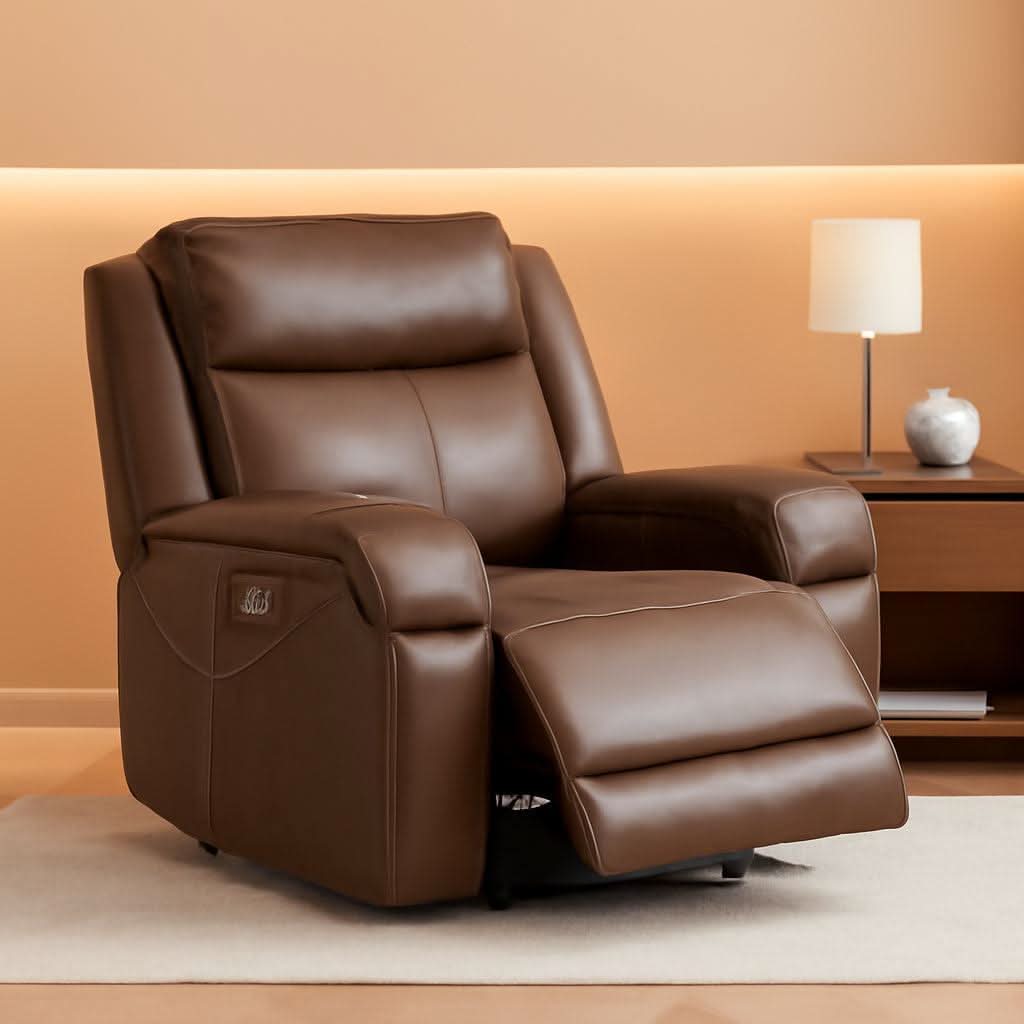 Dark Brown Leather Power Recliner Chair With Power Headrest
