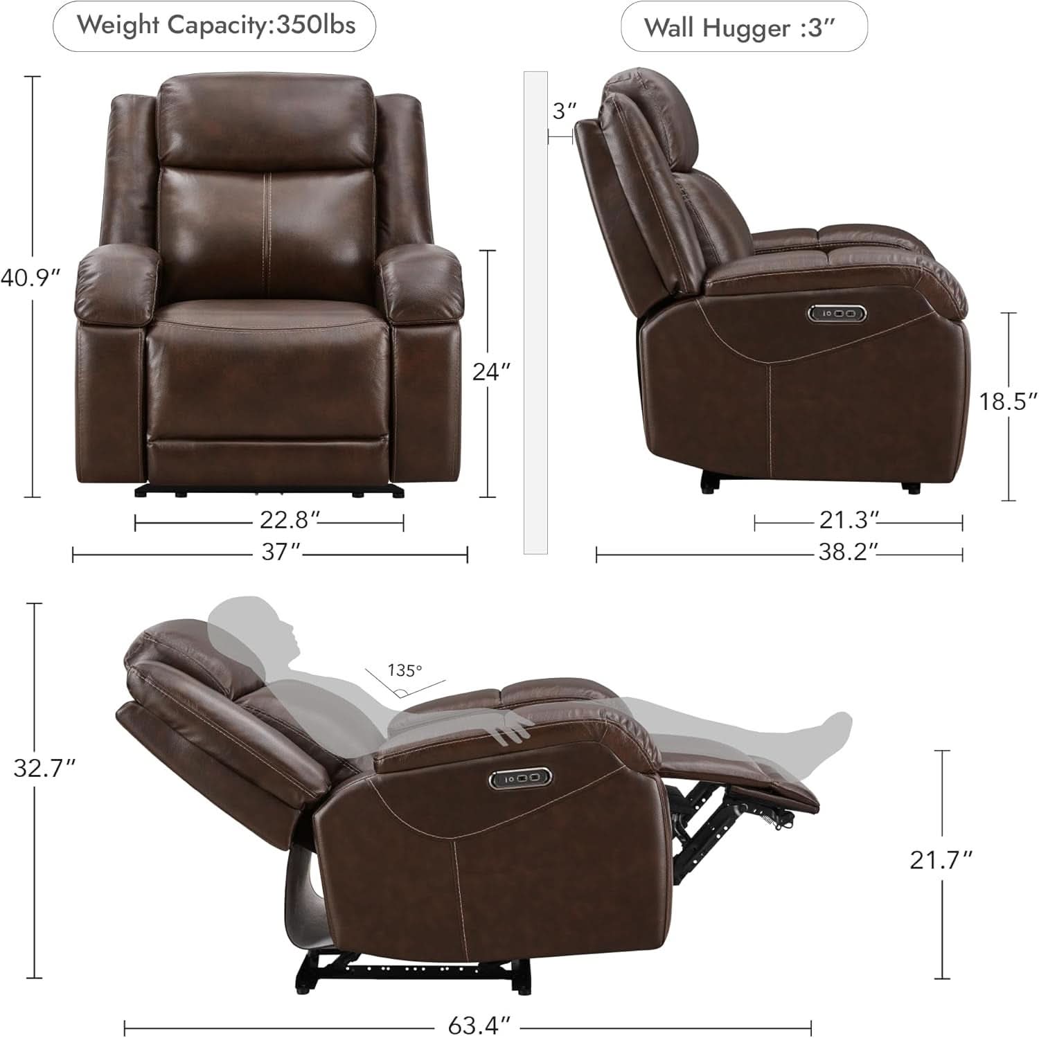 Dark Brown Leather Power Recliner Chair With Power Headrest