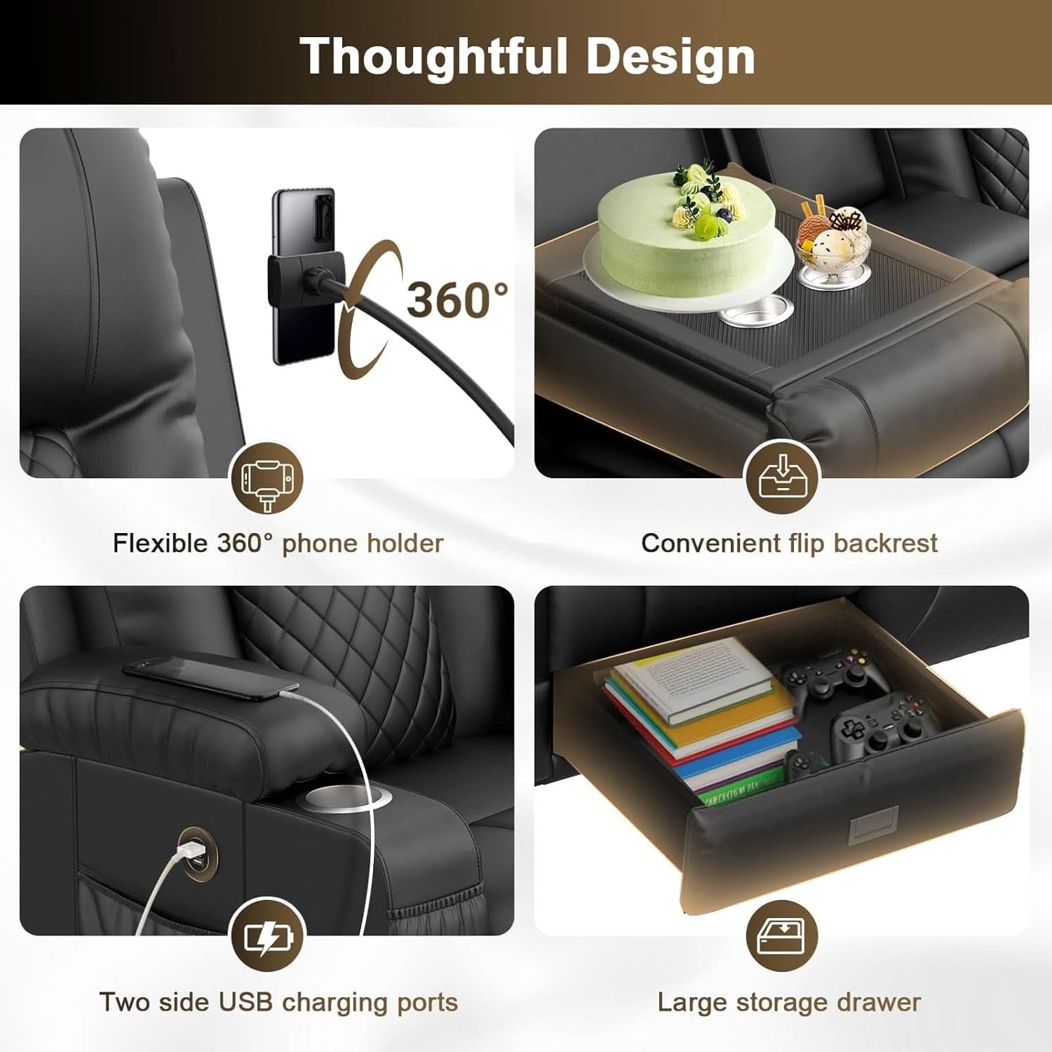 Three Seat Recliner Sofa With Flip Backrest And USB Ports