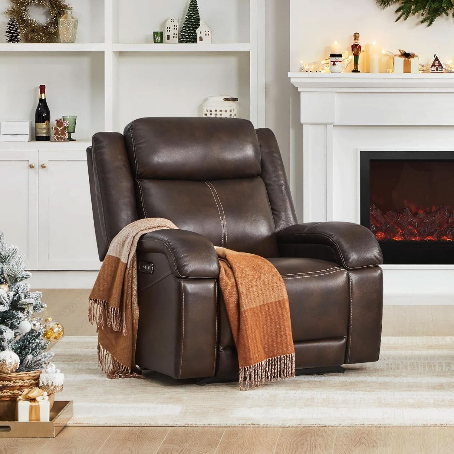 Dark Brown Leather Power Recliner Chair With Power Headrest