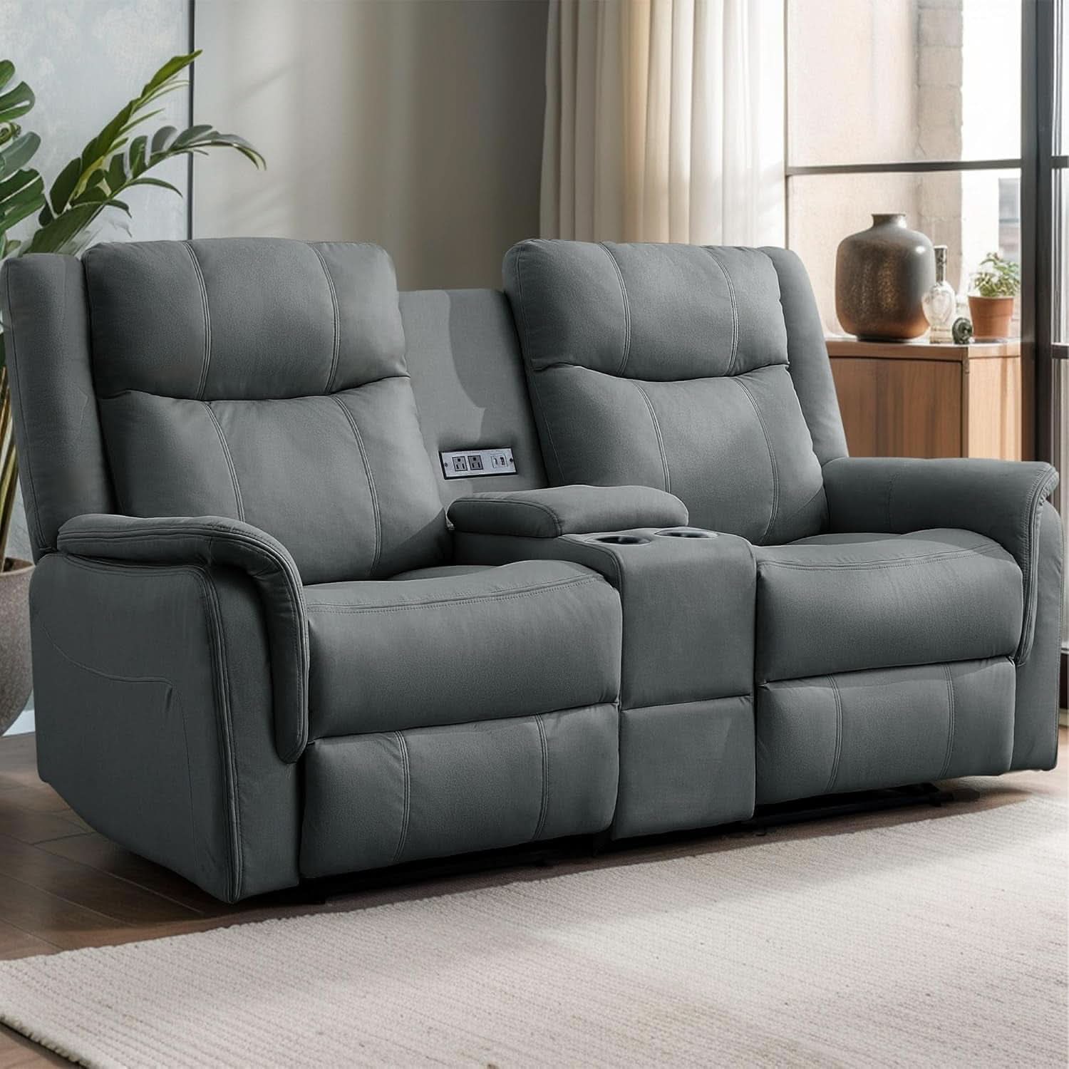 Two Seater Recliner Sofa With USB Charging Port And Cup Holders