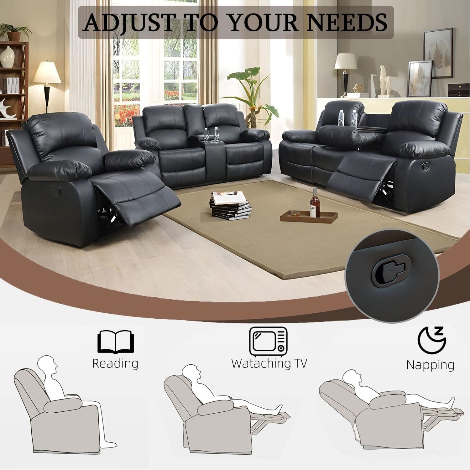 Caberryne Black Leather Reclining Sofa Set
