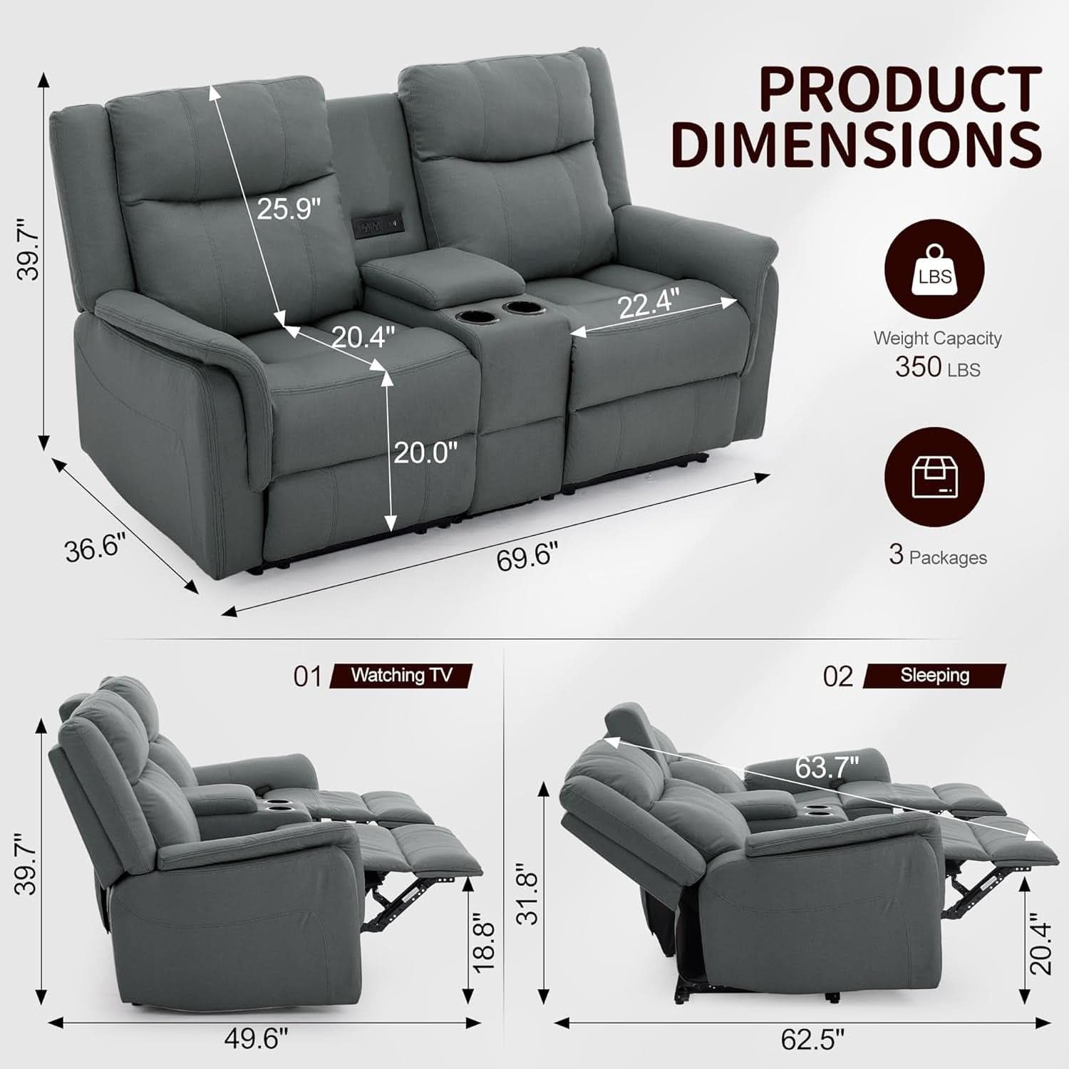 Two Seater Recliner Sofa With USB Charging Port And Cup Holders