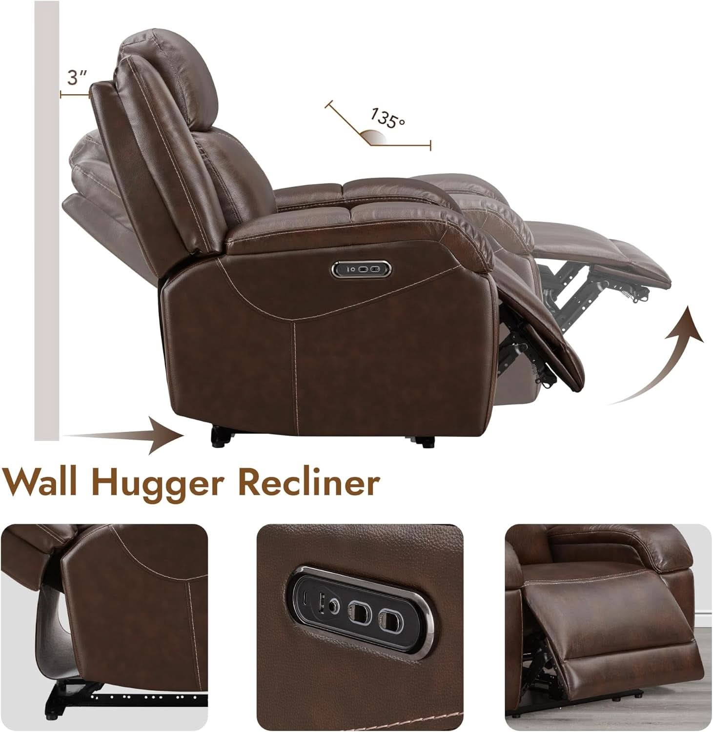 Dark Brown Leather Power Recliner Chair With Power Headrest
