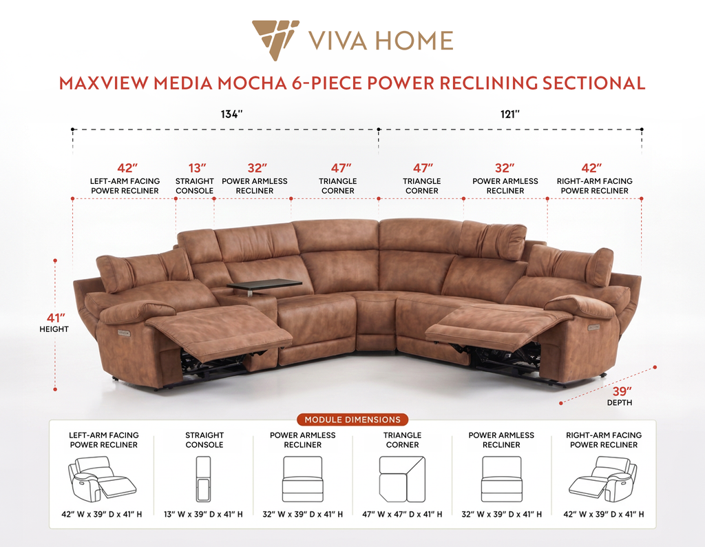 Viva Home Mocha 6-Piece Power Reclining Sectional with Immersive Sound System