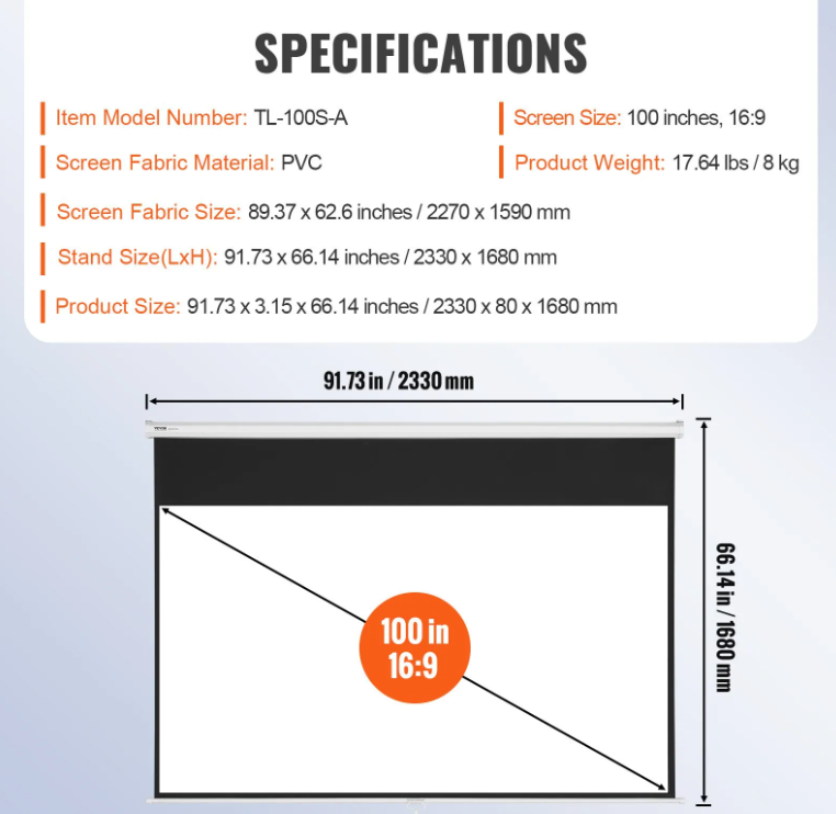 Vevor 100" Retractable Projector Screen