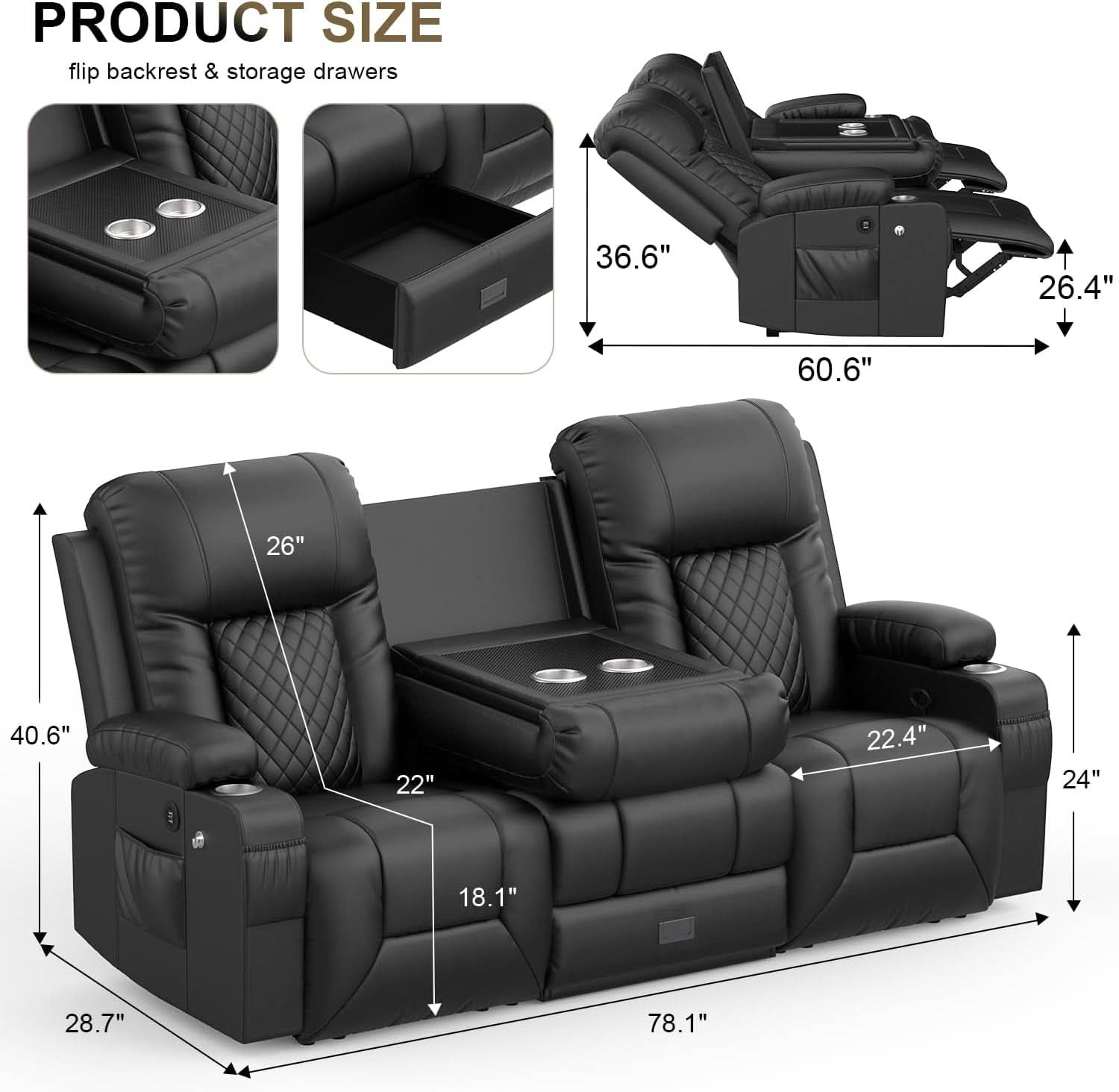 Three Seat Recliner Sofa With Flip Backrest And USB Ports
