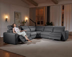 Grey Leather Power Recliner Sofa With Center Console