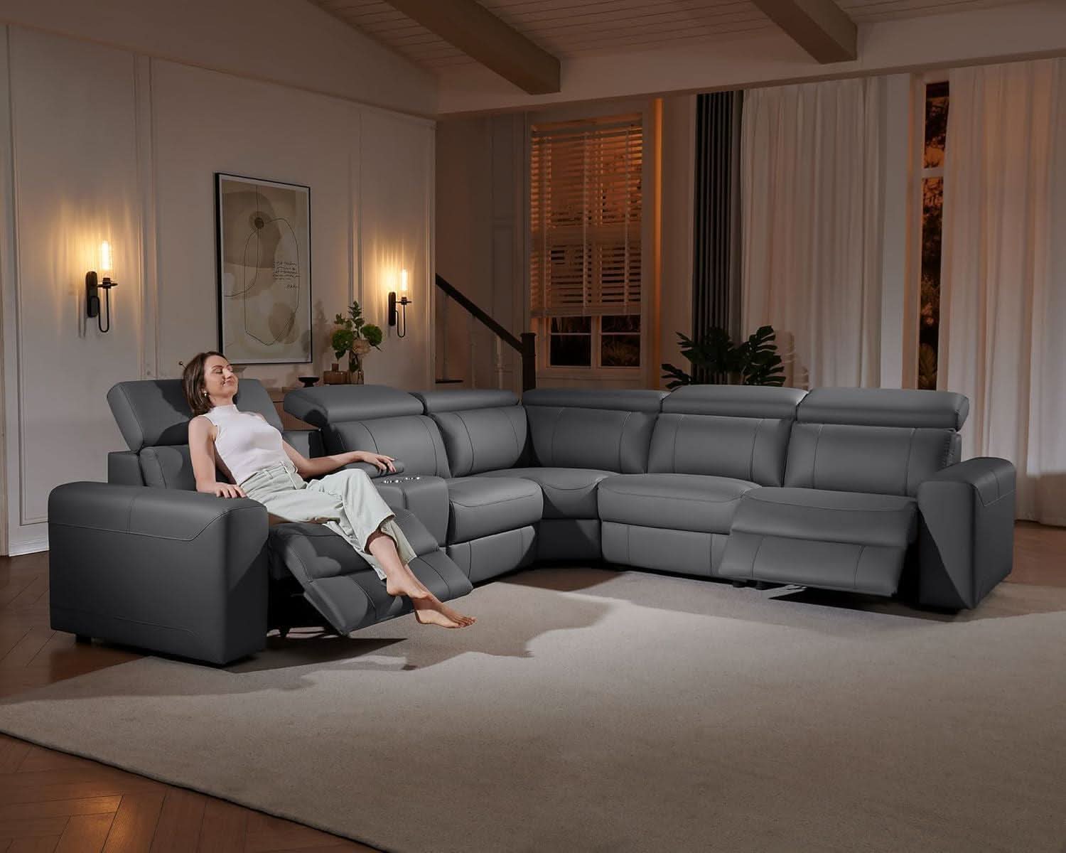 Grey Leather Power Recliner Sofa With Center Console
