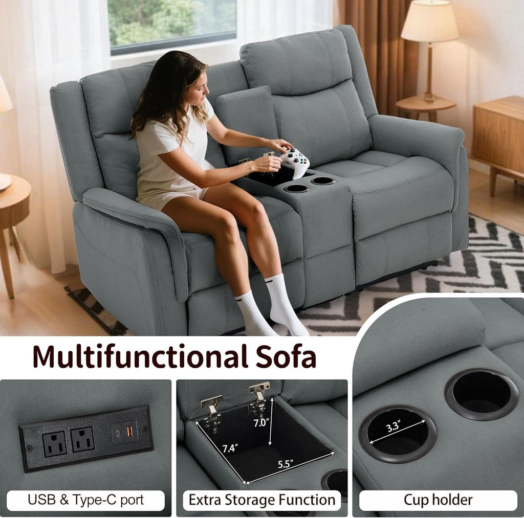 Two Seater Recliner Sofa With USB Charging Port And Cup Holders