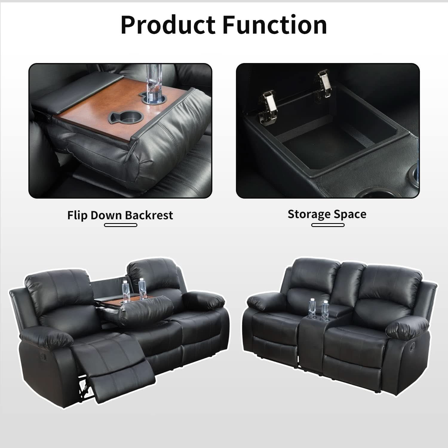 Caberryne Black Leather Reclining Sofa Set