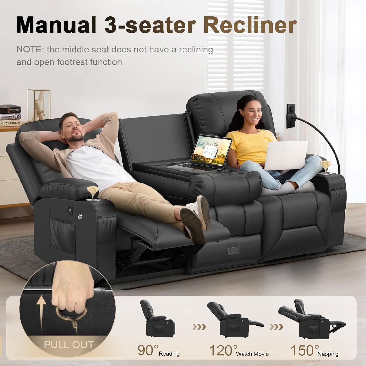 Three Seat Recliner Sofa With Flip Backrest And USB Ports