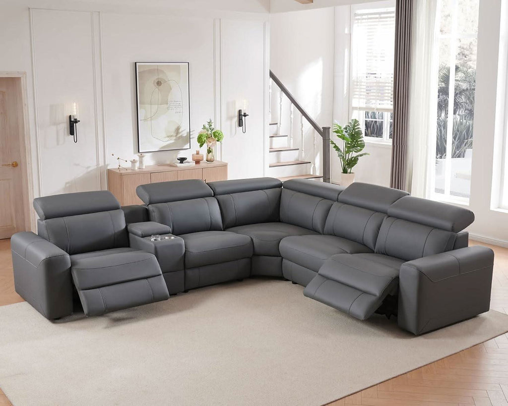 Grey Leather Power Recliner Sofa With Center Console